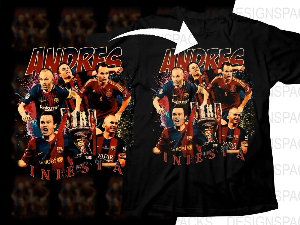 Andres Iniesta soccer player t-shirt design with trophy and team graphics