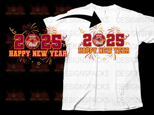 Miami Heat 2025 Happy New Year t-shirt design with fireworks and bold colors