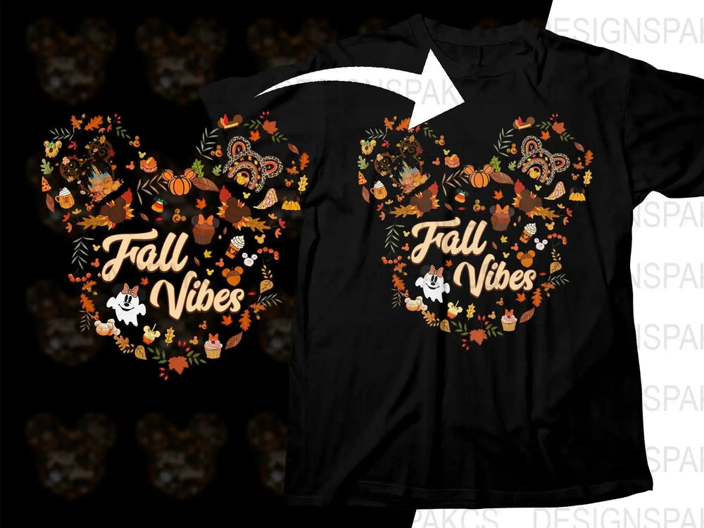 Fall Vibes Mickey Mouse t-shirt design with autumn leaves, pumpkins, and ghost Minnie, perfect for DTF/DTG printing