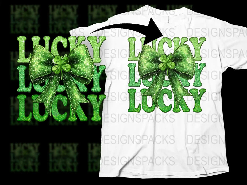 Glittery green 'Lucky' text with shamrock bow, St. Patrick’s Day t-shirt design, print-ready PNG