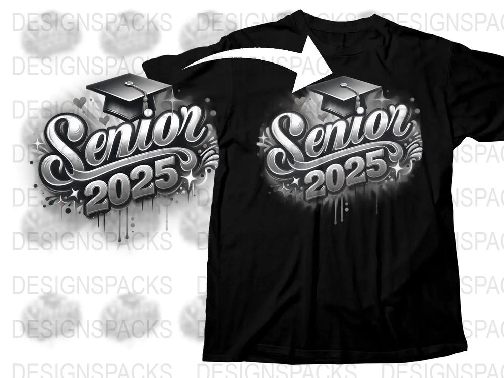 Senior 2025 graduation design on black t-shirt with cap graphic