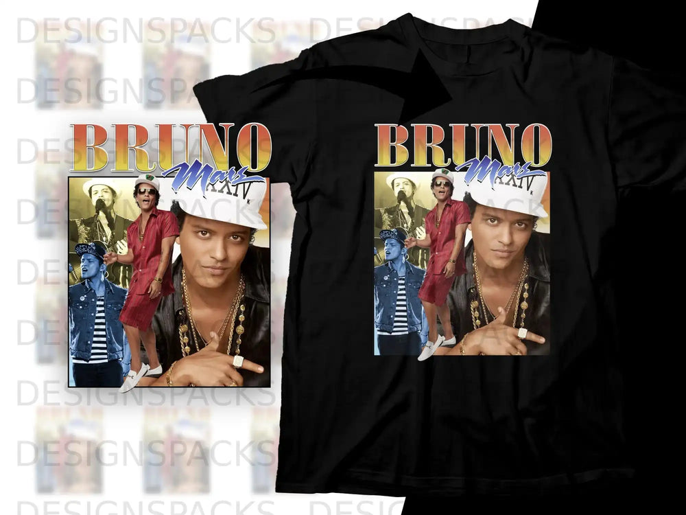 Bruno Mars graphic t-shirt featuring musician with sunglasses and gold chains.