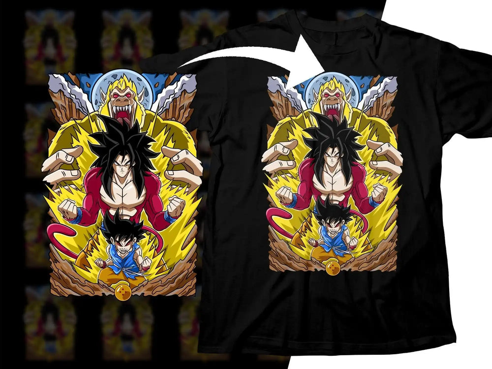 Dragon Ball Z Goku and Gogeta t-shirt design with vibrant yellow energy and red accents