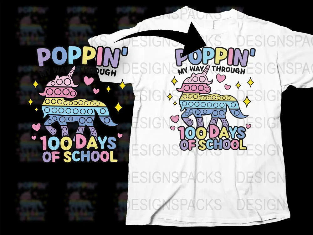 Poppin' 100 Days of School Unicorn T-Shirt Design with Hearts and Stars