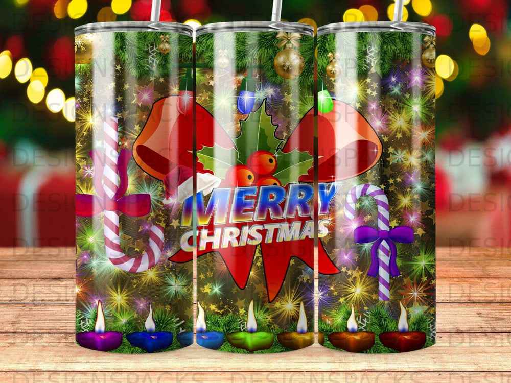 Christmas tumbler with bells, candy canes, candles, and Merry Christmas text.
