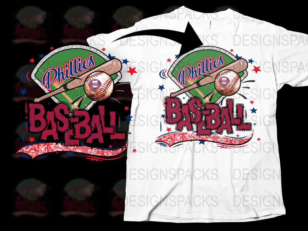 Phillies baseball t-shirt design with bat, ball, and stars, print-ready for DTG or DTF