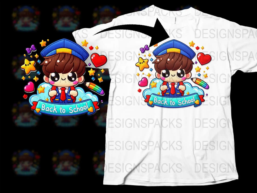 Cute back to school boy design with stars, hearts, and rainbow pencil for DTG/DTF printing