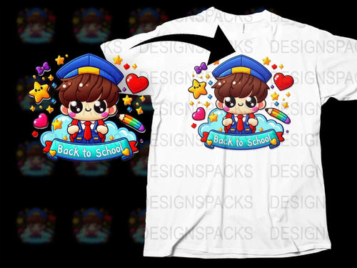 Cute back to school boy design with stars, hearts, and rainbow pencil for DTG/DTF printing
