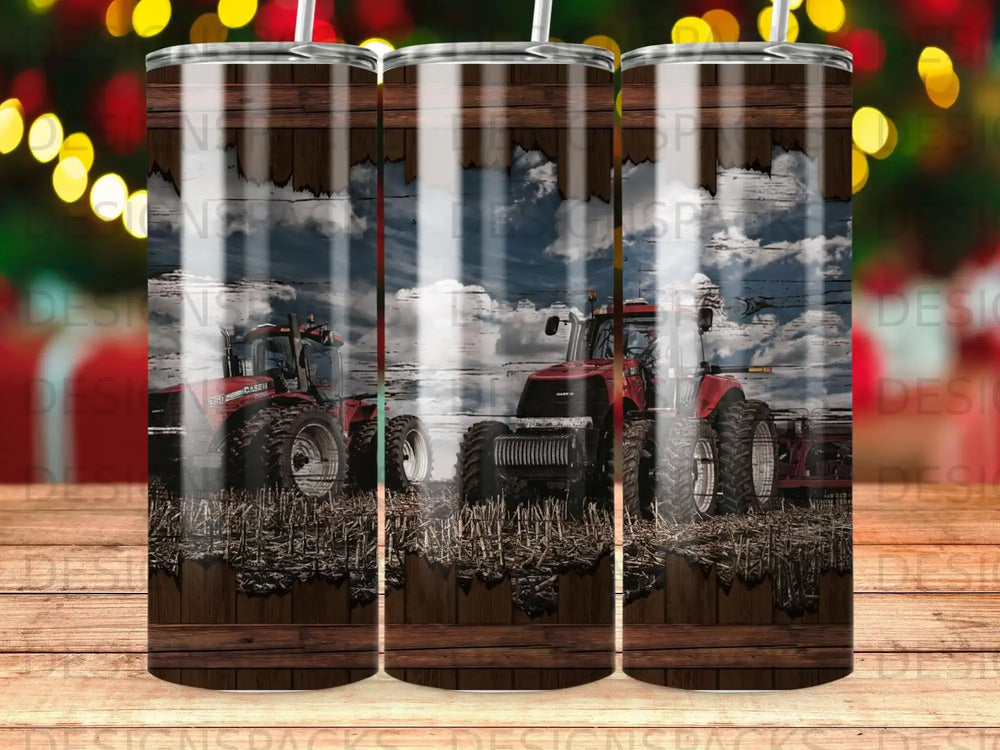 Two red tractors in a field with a cloudy sky and wood grain border.