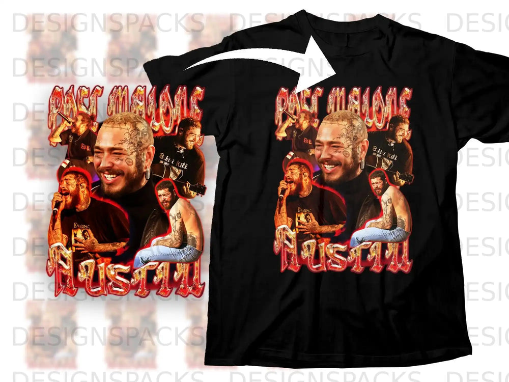 Post Malone t-shirt with collage of rapper images and "Mustaine" text.
