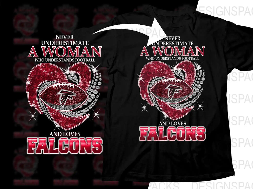 Black t-shirt with 'Never underestimate a woman who understands football and loves Falcons' design, glitter heart, football, team logo
