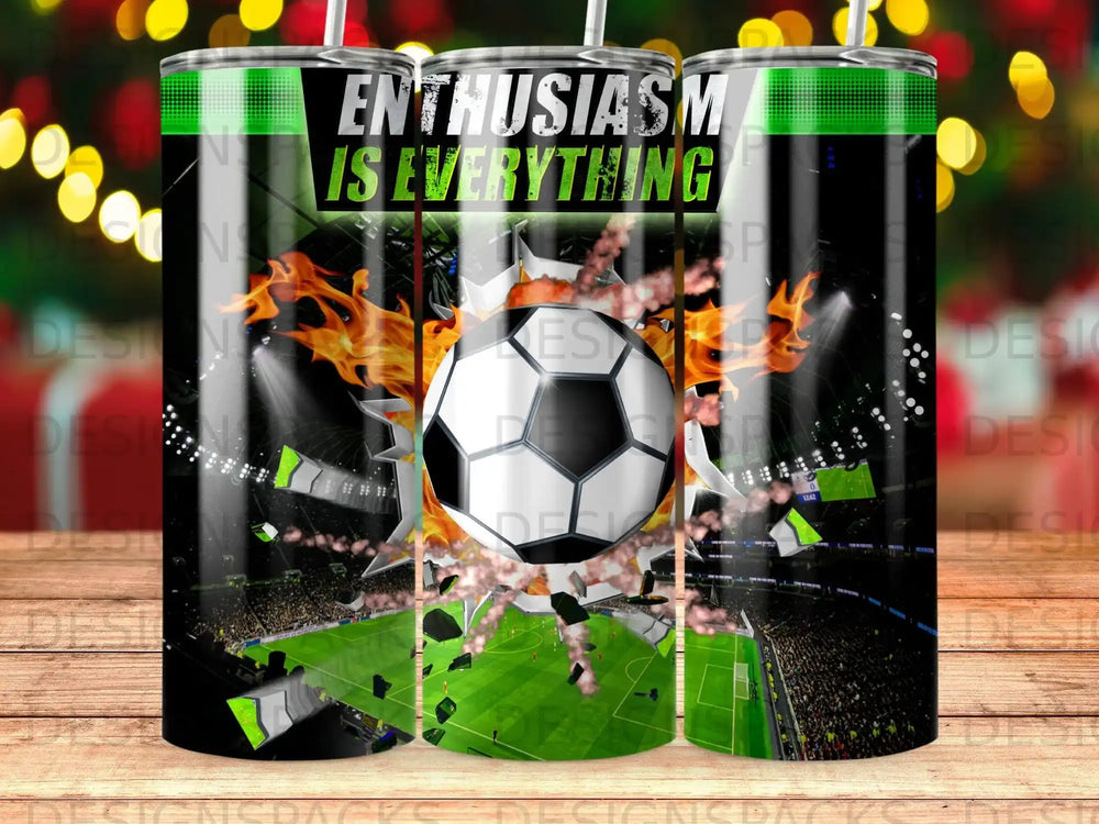 Soccer ball bursting through stadium wall, "Enthusiasm is Everything" text.