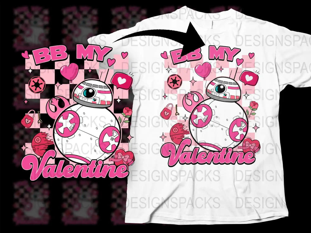 BB-8 Valentine's Day t-shirt design with pink hearts and Star Wars elements