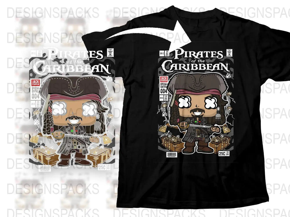 Pirates of the Caribbean Jack Sparrow comic cover design on black t-shirt, print-ready PNG SVG for DTG DTF