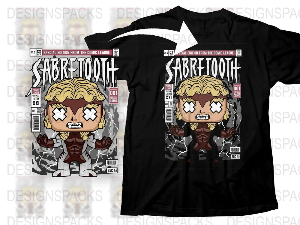 Sabretooth comic cover design on black t-shirt, chibi superhero print-ready for DTG or DTF