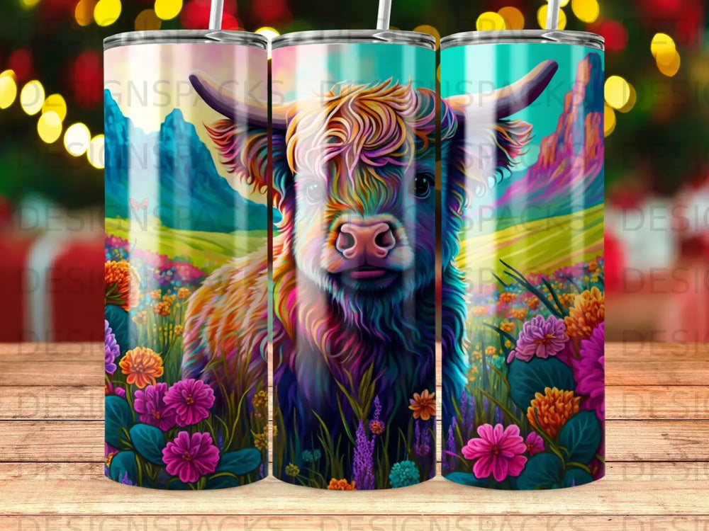 Colorful Highland cow amidst vibrant flowers and mountains.