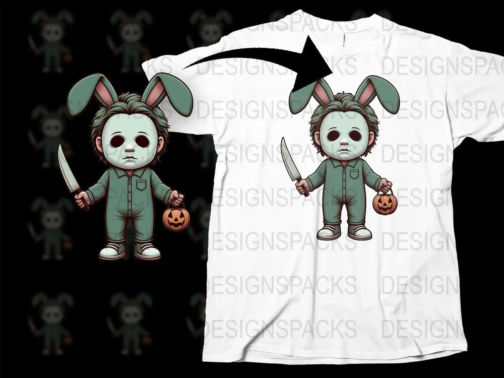Cute Halloween Michael Myers bunny design for t-shirts, print-ready PNG, SVG, DTF, DTG