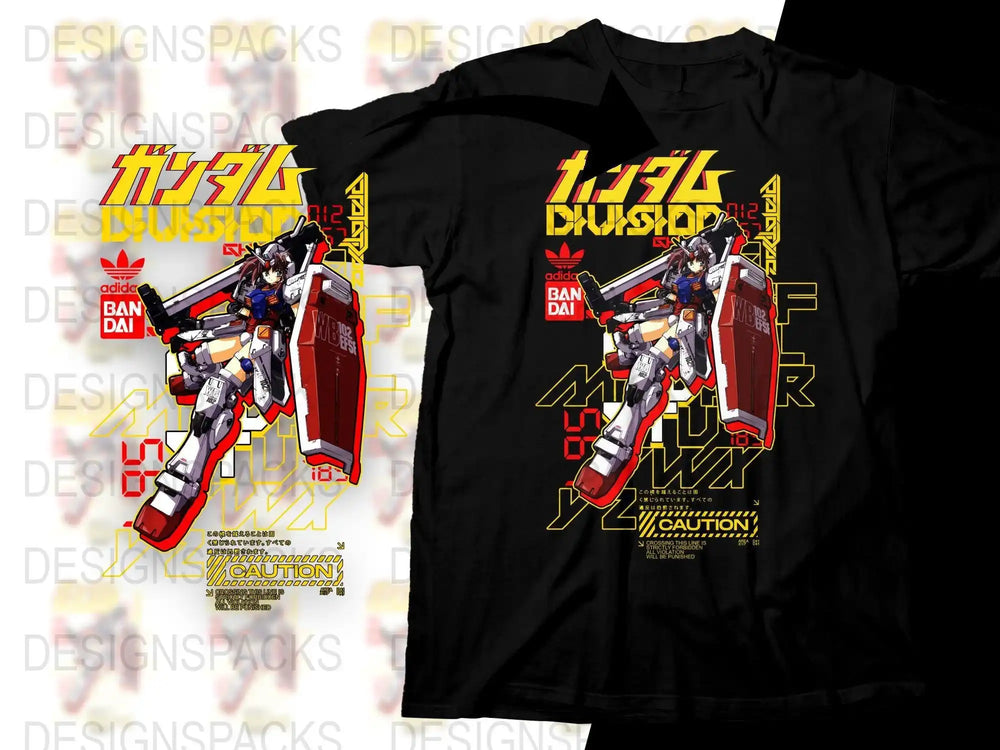 Gundam Division 012 anime robot t-shirt design with Adidas and Bandai logos, print-ready PNG SVG