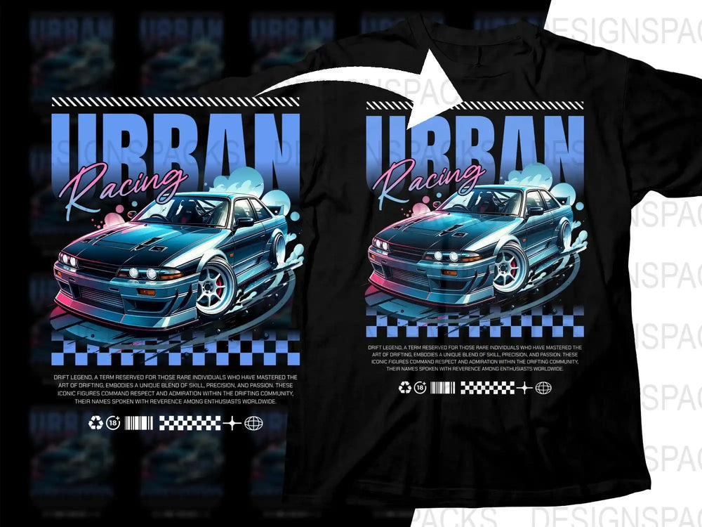 Urban Racing car t-shirt design with drift legend text, checkered flag, and neon blue graphics for DTF/DTG printing