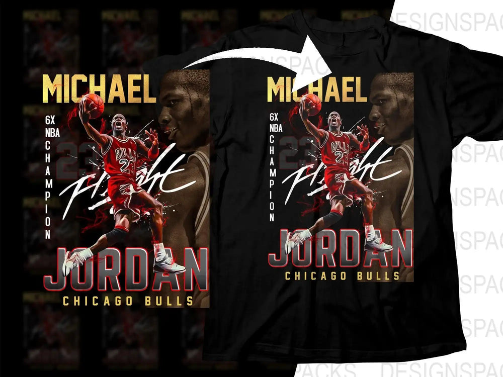 Michael Jordan Chicago Bulls 6x NBA Champion t-shirt design with dynamic basketball action graphic