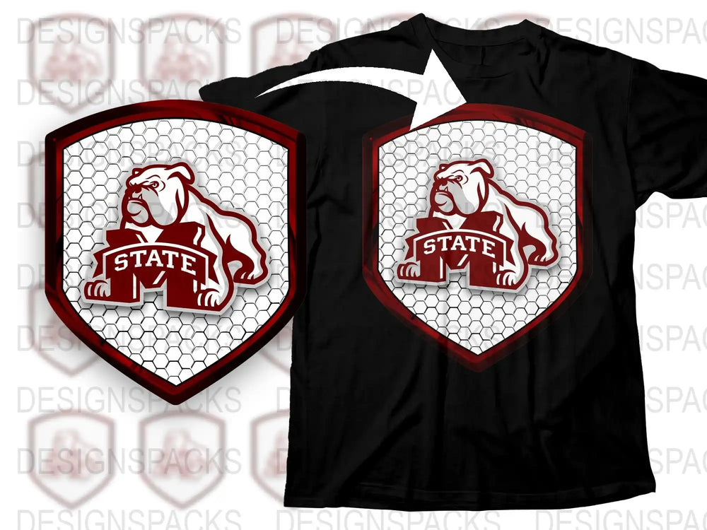 Bulldogs State Shield Graphic T-Shirt, Black Red Sports Tee, College Mascot Shirt, Casual Wear