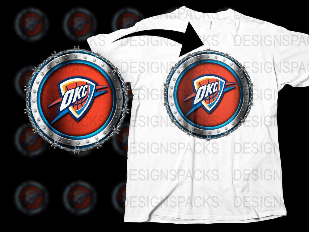OKC Thunder basketball logo t-shirt design with metallic frame, print-ready for DTG or DTF