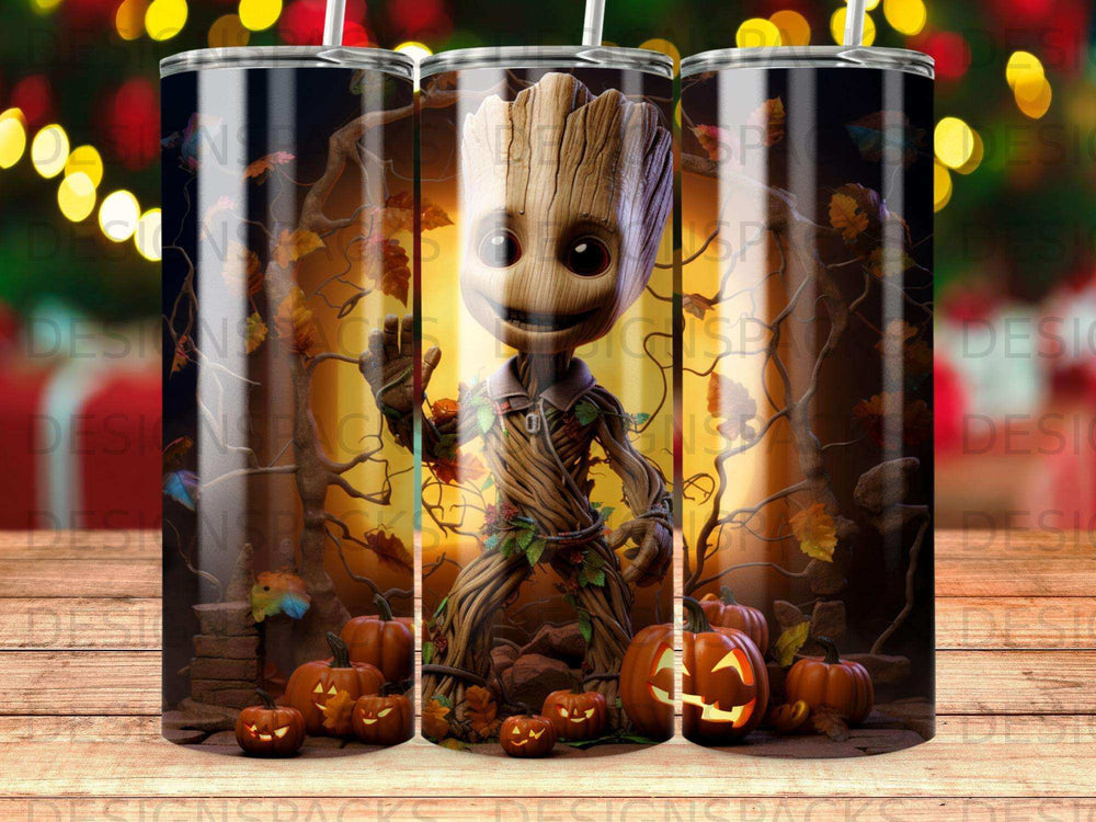 Grogu character in spooky Halloween forest with pumpkins and autumn leaves.