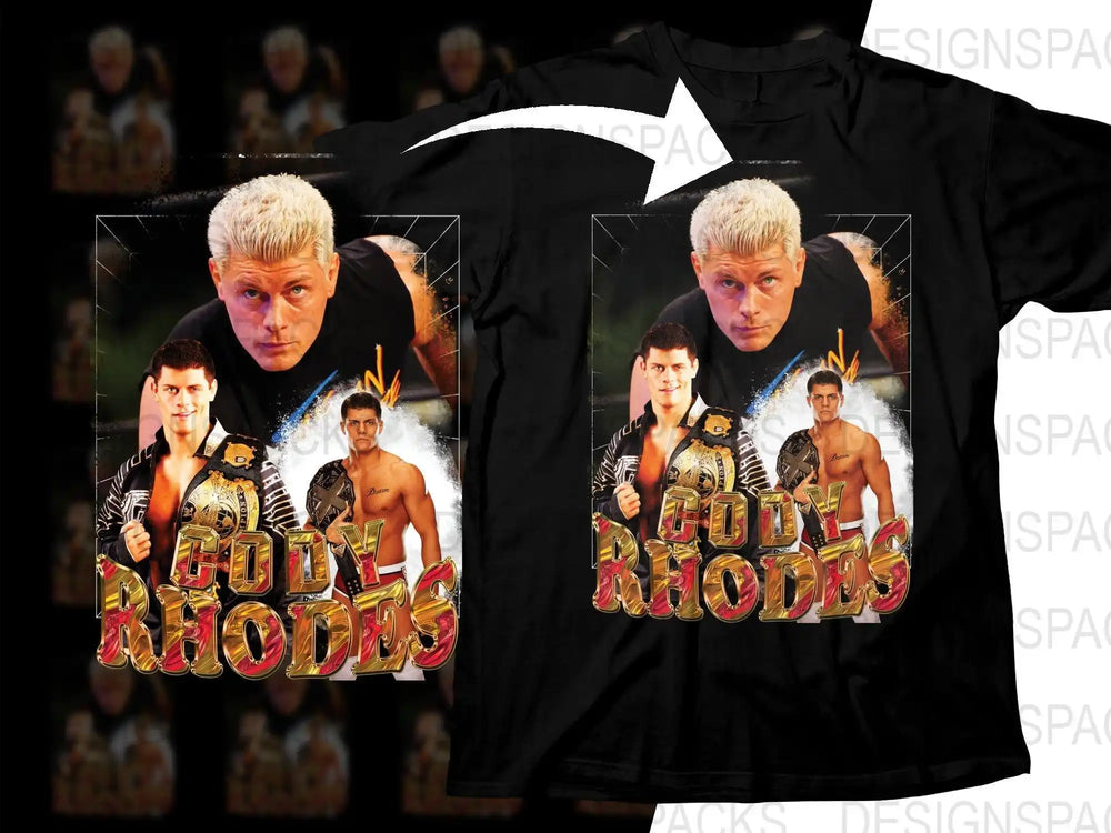Cody Rhodes wrestling graphic t-shirt design, print-ready for DTF DTG, featuring bold metallic text and championship imagery
