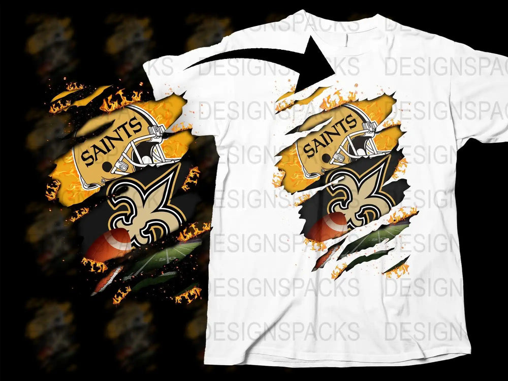 New Orleans Saints football design with helmet, fleur-de-lis, and flames on white t-shirt