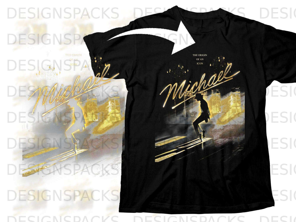 Black t-shirt with Michael Jackson artwork and "The Origin of an Icon" text.