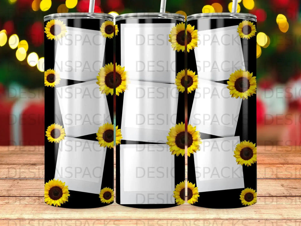 Tumbler with a collage of sunflower photos and "DESINSPACK" text.