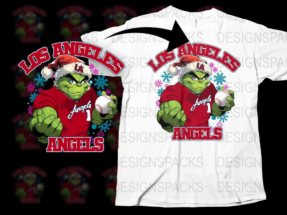 Grinch in LA Angels jersey holding baseball, festive snowflakes, print-ready design