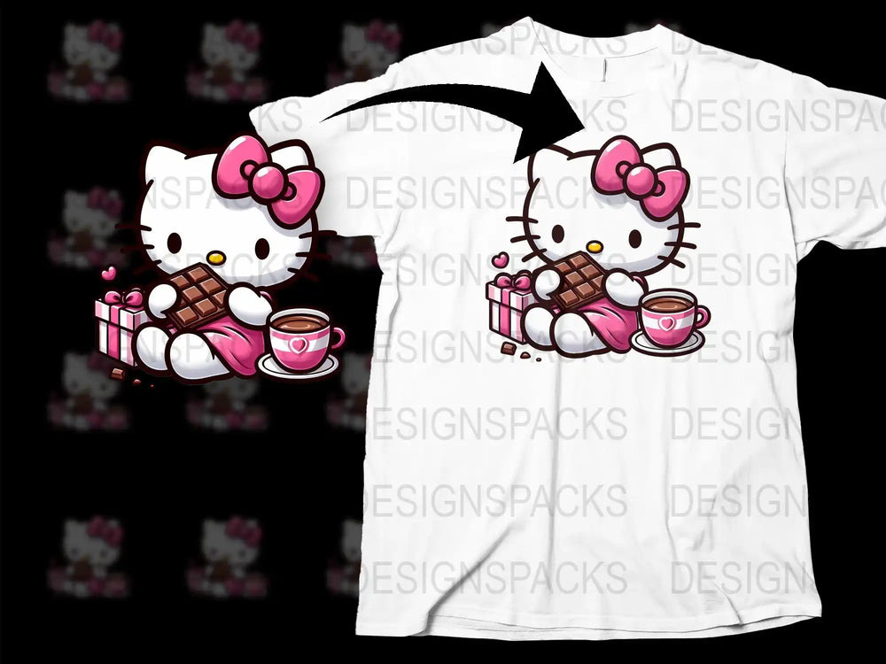 Hello Kitty with chocolate, coffee, and gift box on white t-shirt design