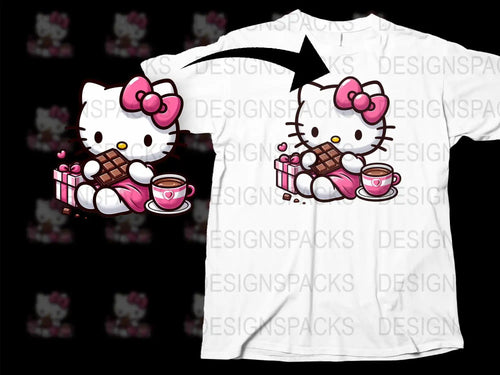 Hello Kitty with chocolate, coffee, and gift box on white t-shirt design
