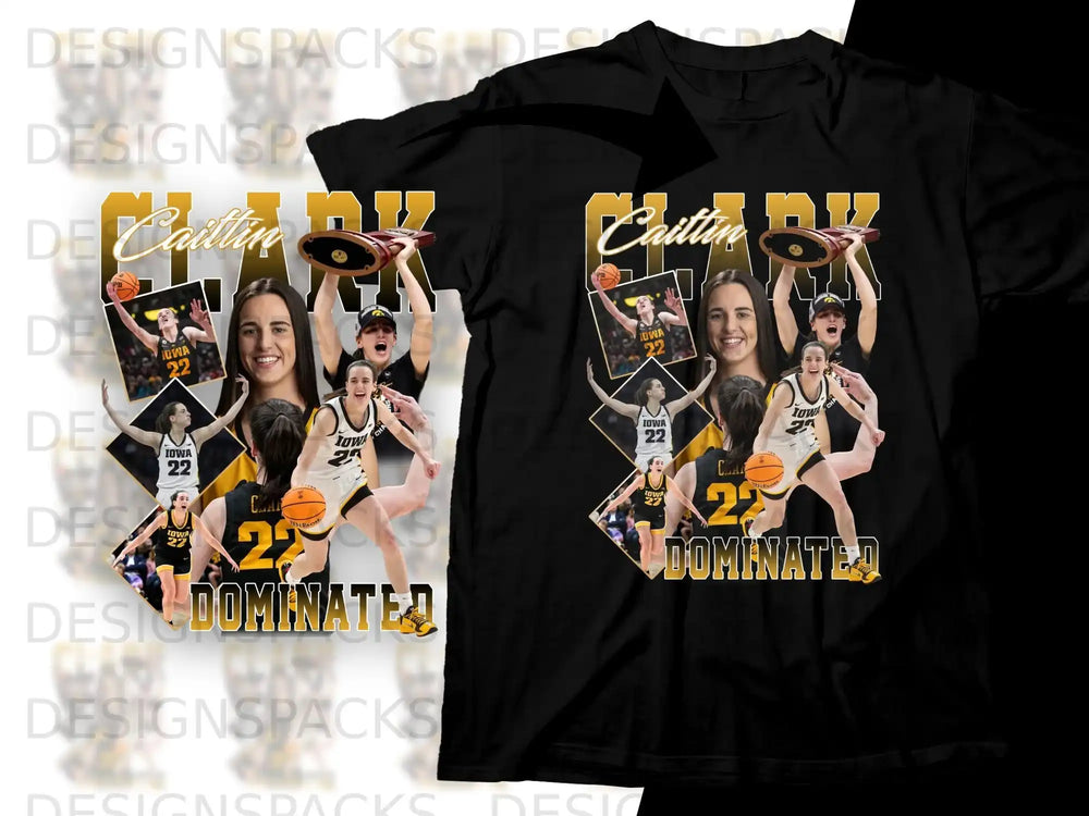 Caitlin Clark "Dominated" graphic tee with player image and "IOWA 22" text.