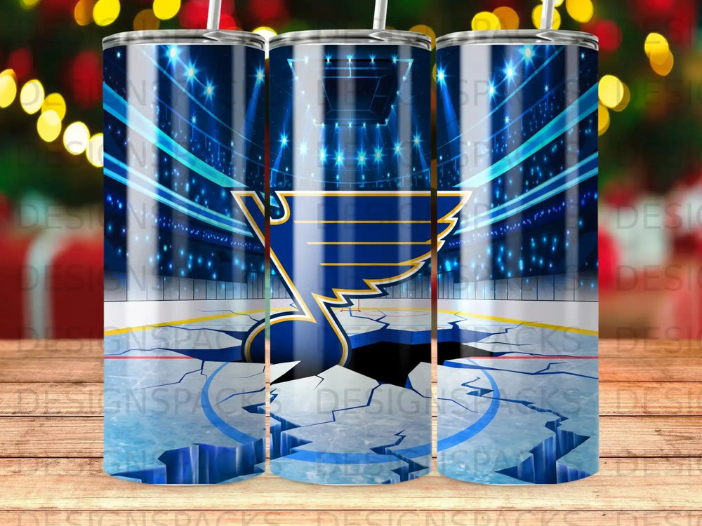 St. Louis Blues hockey logo on cracked ice rink with stadium lights.
