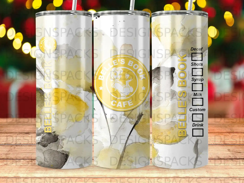 Tumbler with Belle's Book Cafe design, featuring coffee drink options.