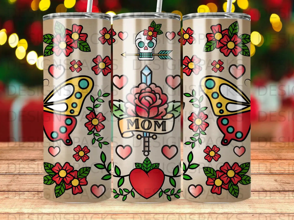 Tumbler featuring a "MOM" design with roses, butterflies, and a heart with an arrow.
