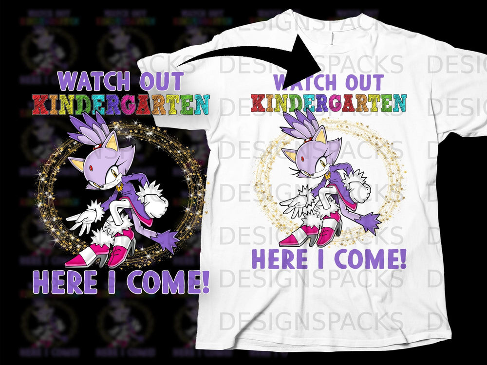 Blaze the Cat from Sonic reads "Watch Out Kindergarten Here I Come!".