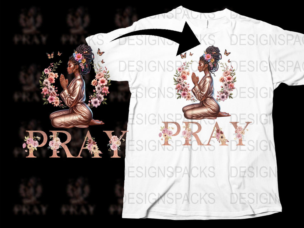 Pray Graphic T-Shirt, Floral Yoga Pose Design, Spiritual Meditation Tee, Women's Fashion Top, Unique Gift Idea