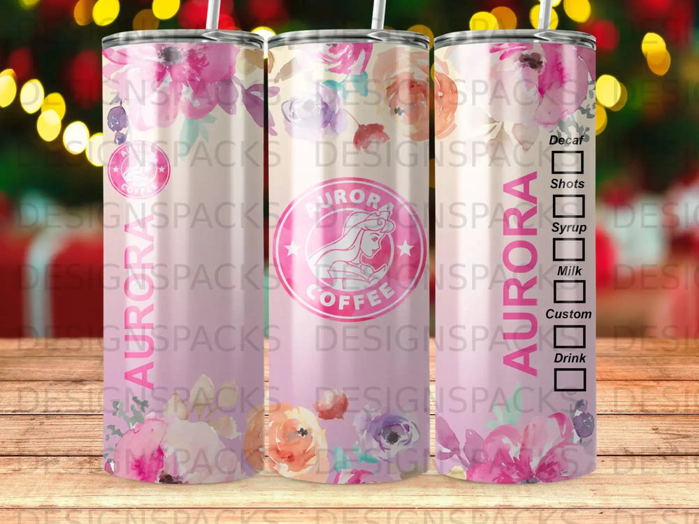 Aurora coffee tumbler with floral design and drink options.