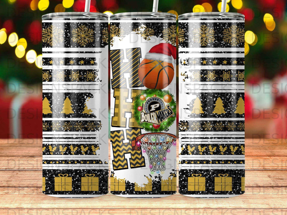 Purdue Boilermakers basketball Christmas tumbler with snowflakes and presents.