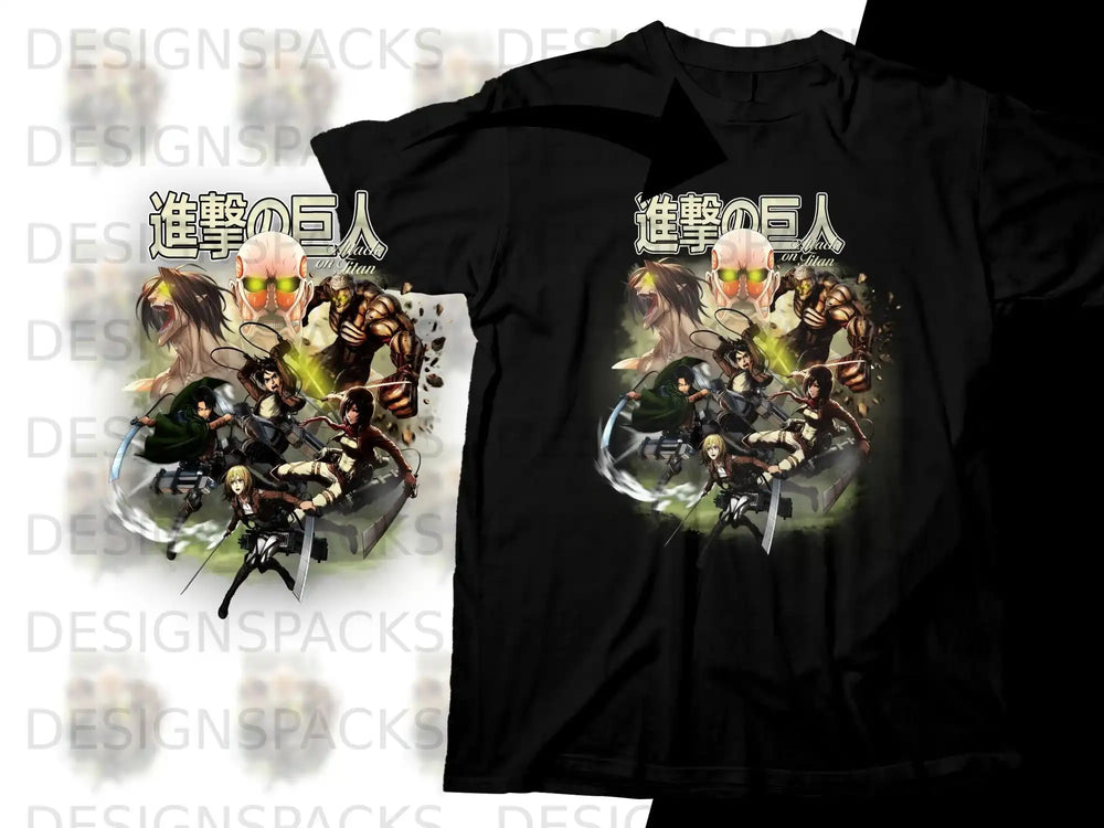 Attack on Titan characters in battle poses on a black t-shirt design.