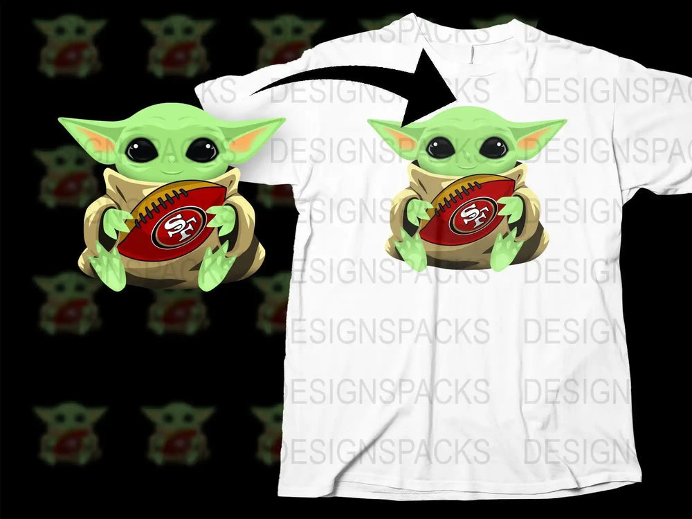 Baby Yoda holding SF 49ers football, print-ready design for t-shirts, DTF DTG SVG PNG
