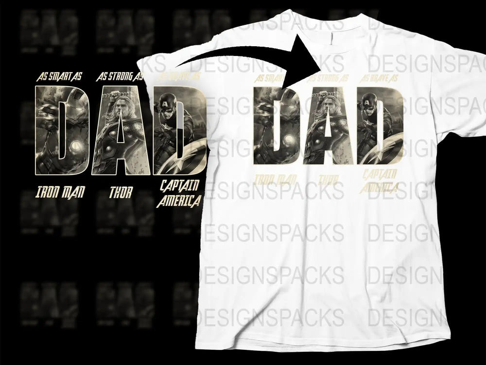 Dad t-shirt design with Iron Man, Thor, Captain America, print-ready for DTF/DTG