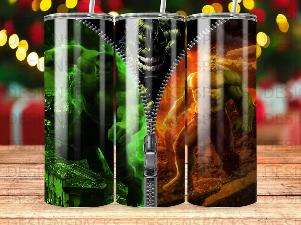 Hulk bursting through a zipper on a green and orange background.