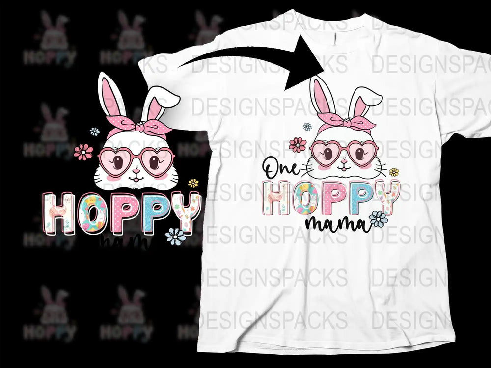 One Hoppy Mama t-shirt design with bunny wearing pink glasses and bow, floral accents