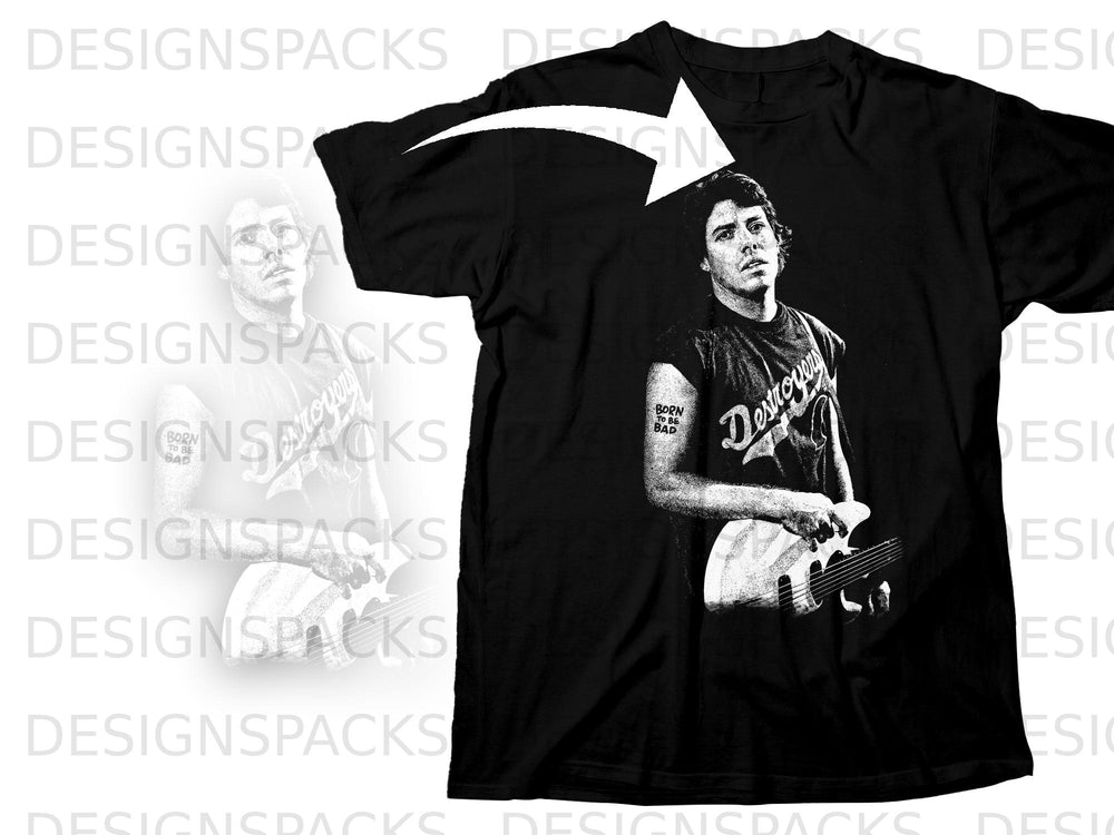 Black t-shirt with a graphic of a man playing a guitar, with "Destroyers" text.