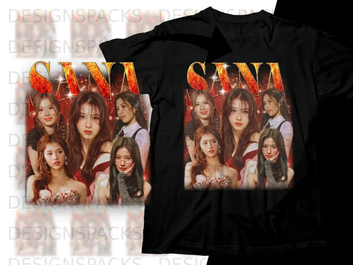 Black t-shirt featuring a collage of Sana from TWICE with 