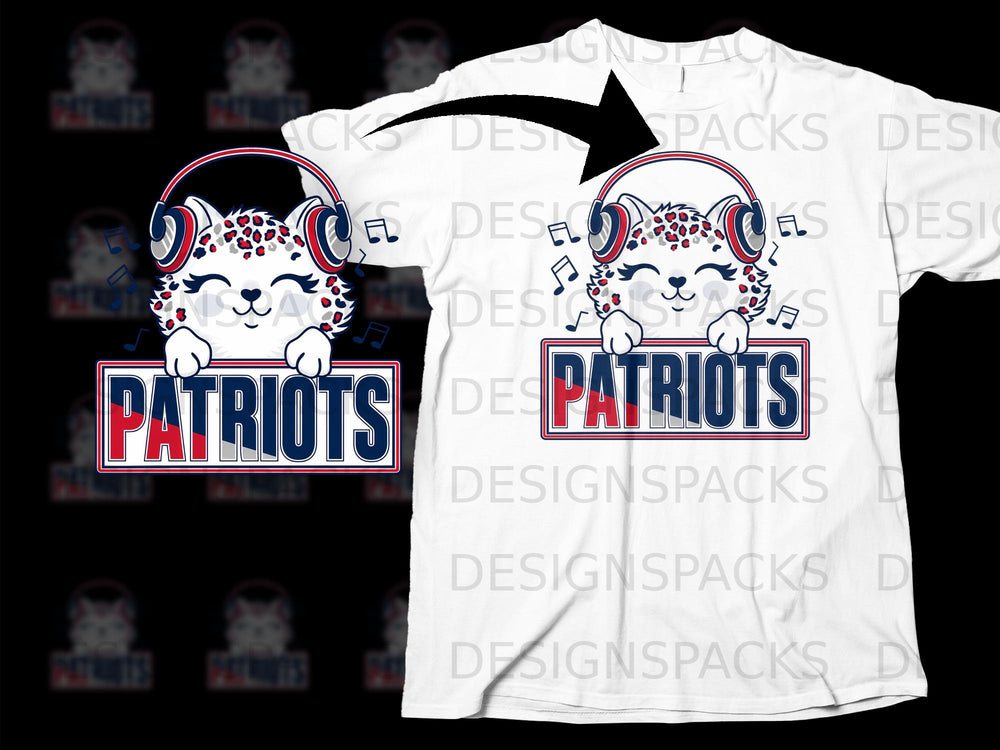 Cute white leopard with headphones and musical notes holds "Patriots" sign.